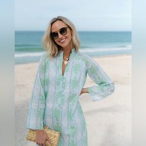 Sail to Sable Cool Blue Cabana Print Button Front Caftan